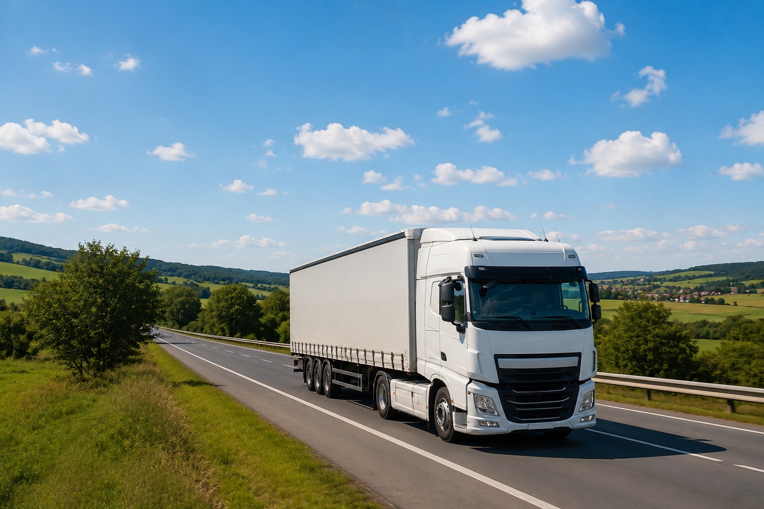 Ein blauer LKW bei Sonnenuntergang auf einer europäischen Autobahn, im Hintergrund ein Speditionsterminal