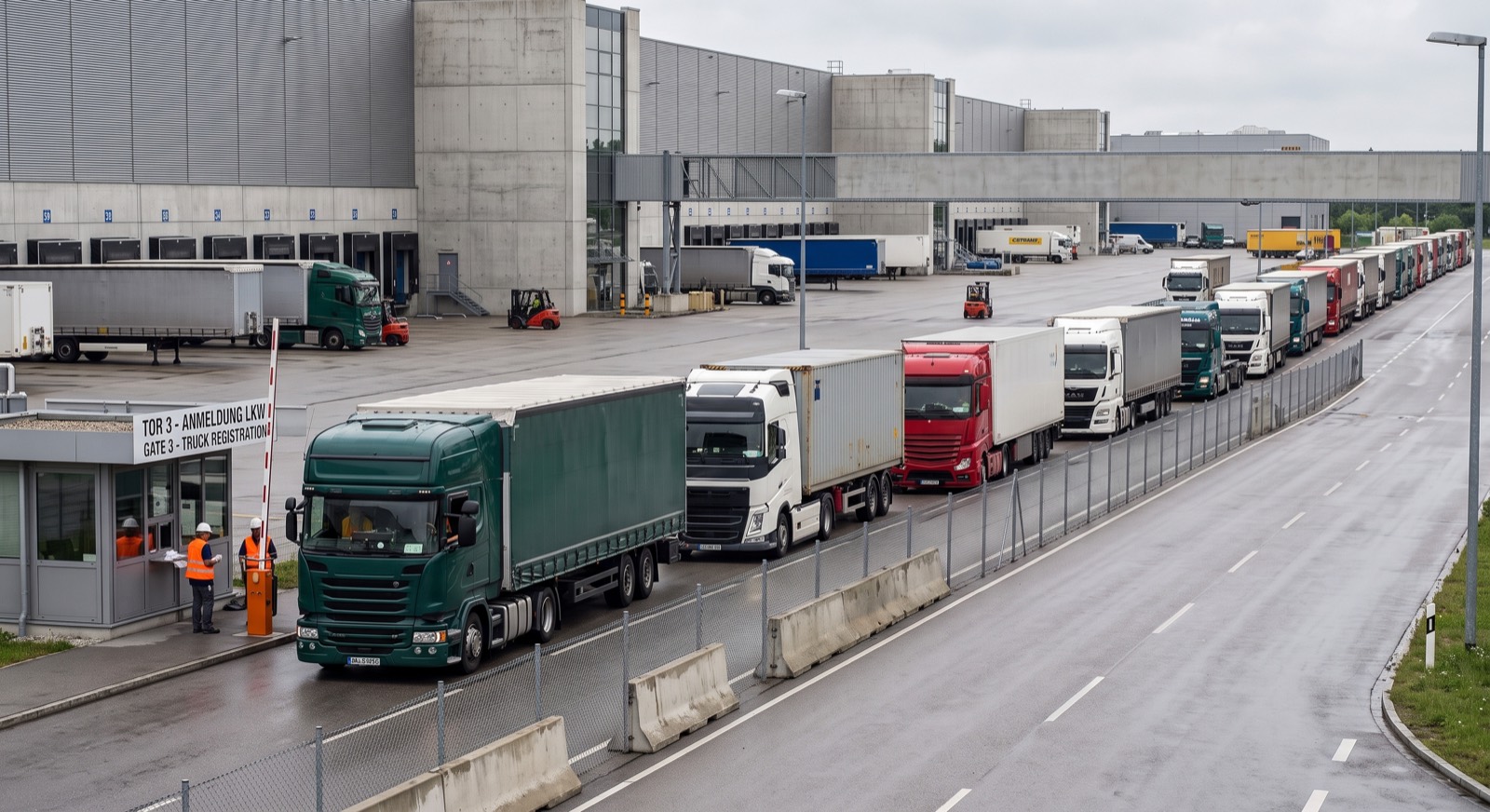 Eine Reihe von Lkw wartet am Tor eines Logistikzentrums auf die Anmeldung